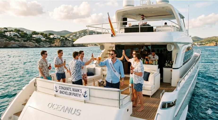 Group of guys on a bachelor party boat charter in Cartagena Colombia