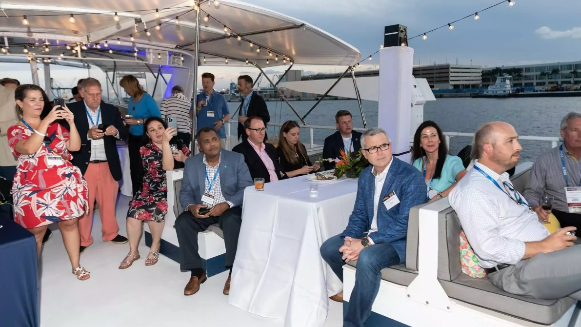 Corporate yacht charter Miami with Biscayne Bay and downtown skyline backdrop