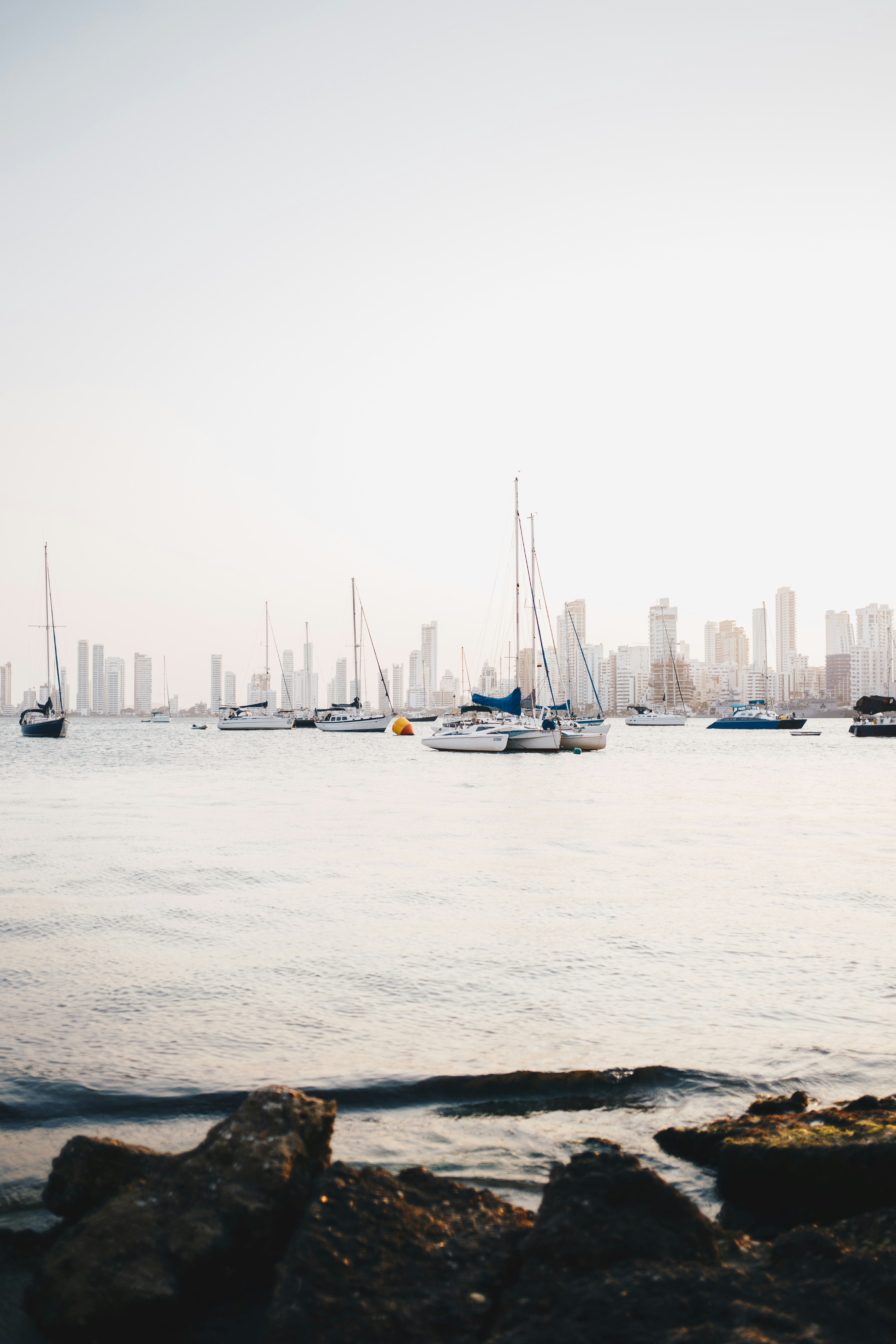 Boats anchored at Cholón beach party Cartagena Colombia