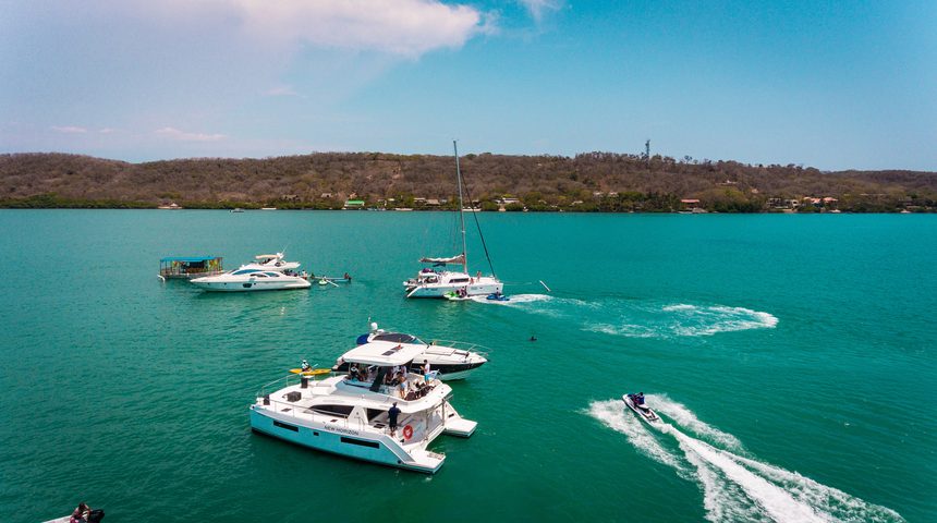 Aerial view of private boats anchored at Rosario Islands with turquoise Caribbean water